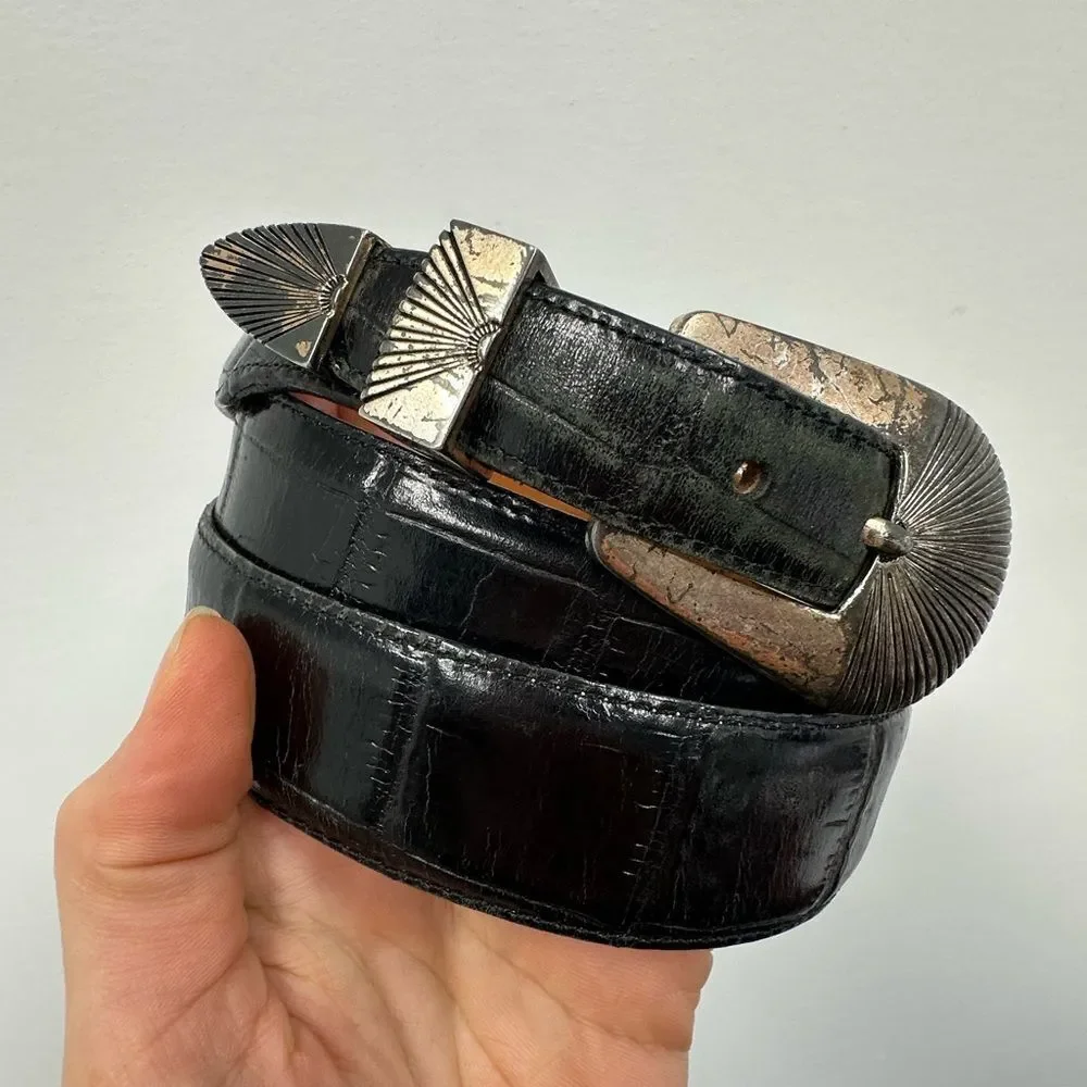 Vintage Onyx Western Belt Black Leather Croc Embossed Silver Tone Hardware L